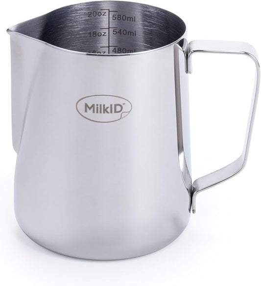 Stainless Steel Milk Frothing Pitcher | Compatible with MilkID Labeling System | Espresso Accessories Kit | Barista Tools | Latte Art Pitcher (20oz / Pitcher Only)