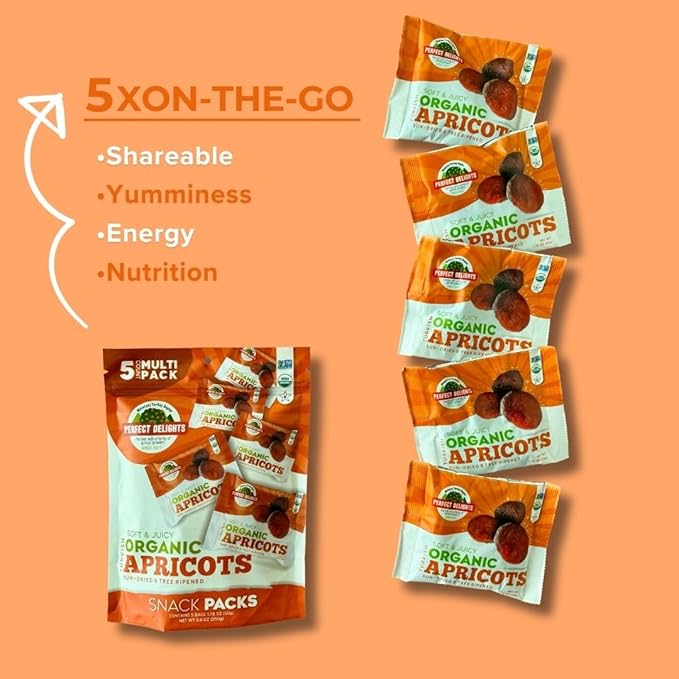Perfect Delights Organic Snack Pack Apricot, Sun-Dried Turkish Apricots, On-the-Go Vegan, Healthy Snack, Easy-to-Carry Dried Apricots, Perfect for Kids & Adults 5 Pack (1.76 oz each)