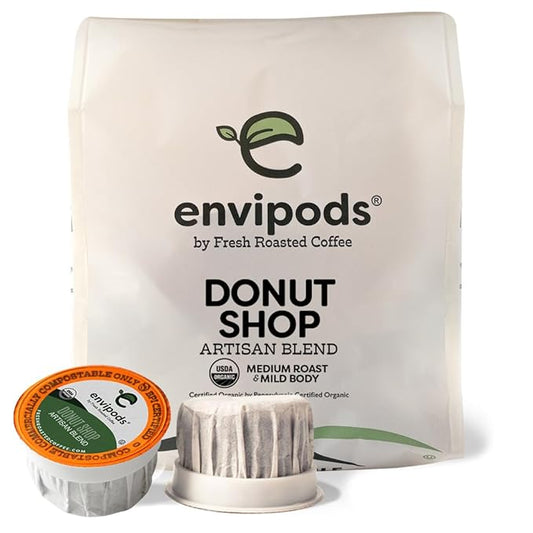 Fresh Roasted Coffee, Organic Donut Shop envipods | BPI Compostable, USDA Organic, Kosher | Med Roast, 12 Count for K Cup Brewers | Not for use in Ninja or Hamilton Beach Brewers