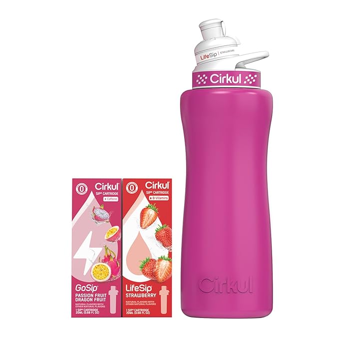 Cirkul 32oz. Hot Pink Stainless Steel Water Bottle Starter Kit with Pink Lid and 2 Flavor Cartridges (1 LifeSip Strawberry, 1 GoSip Passion Fruit Dragon Fruit) No Sugar, Zero Calorie Drink Mix