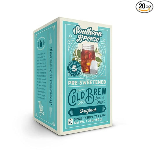 Southern Breeze Cold Brew Sweet Tea Original Iced Tea with Black Tea and Zero Carbs Zero Sugar, 20 Individually Wrapped Tea Bags Southern Sweet Tea Iced Tea Beverage