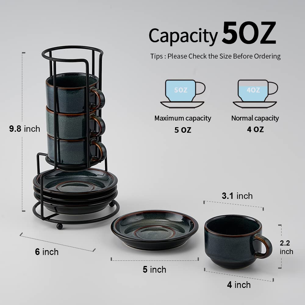 JIEMEI HOME Porcelain Stackable Espresso Cups with Saucers and Metal Stand, 4 Ounce Demitasse Cups