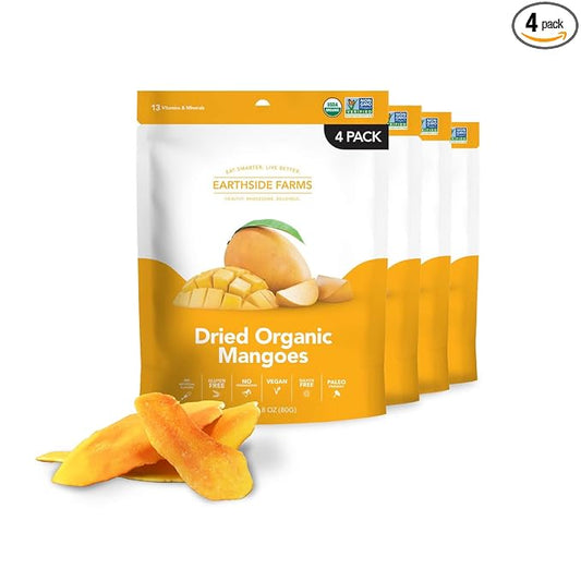 Earthside Farms Dried Organic Mangoes 2.8oz, 4 Pack ??No Sugar Added, Gluten-Free, Vegan Snack ??Naturally Sweet Dried Fruit ??Perfect Healthy On-the-Go Snack for Work, School, Travel