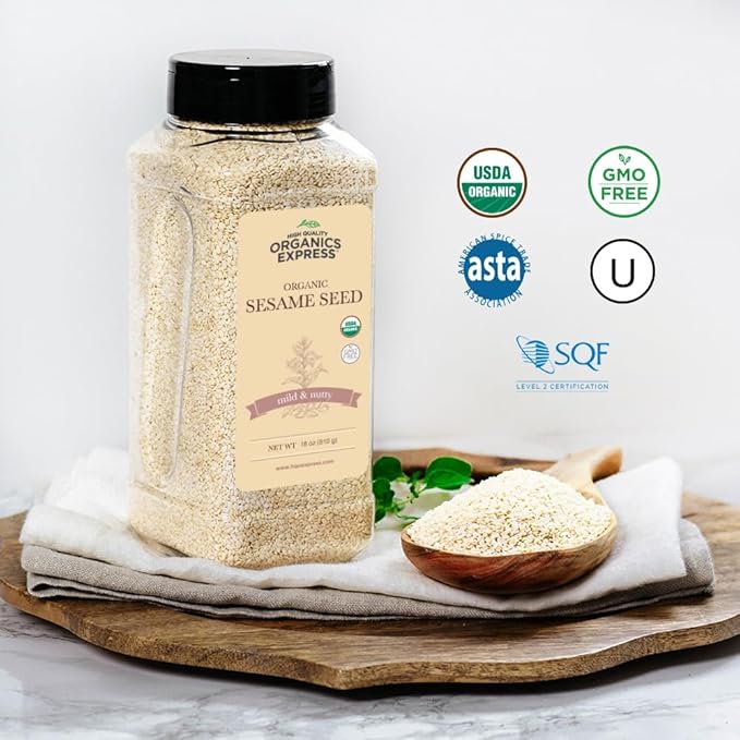 HQOExpress | Organic White Sesame Seed | Raw Sesame Seeds for Cooking and Food Seasoning - Semillas de Ajonjoli - Non-GMO, Vegan & Certified Kosher - 18 oz. Chef Jar