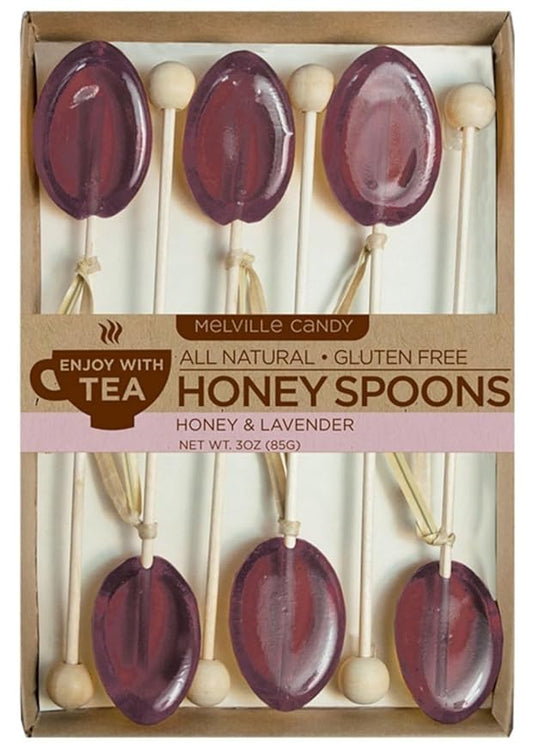 Melville Candy All Natural Honey Spoon Gift Set – Spoons & Lollipops on Wooden Ball Sticks – Gluten-Free, Made in USA Stirrers for Tea, Coffee, & Hot Beverages - Individually Wrapped (6-count, Lavender)