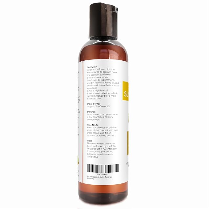 velona USDA Certified Organic Sunflower Oil - 4 Fl Oz | 100% Pure and Natural Carrier Oil | High Oleic, Refined| Cooking, Skin, Hair, Body & Face Moisturizing
