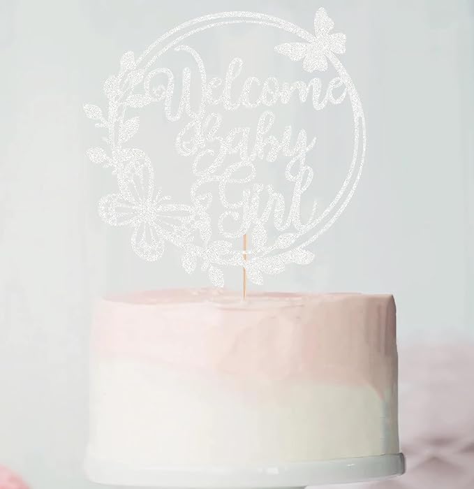 Welcome Baby Girl Cake Topper - Silver Glitter Baby Shower Cake Decorations, Baby Girl Cake Decor, for Baby Shower/Birthday Party/Gender Reveal Party Photo Booth Props