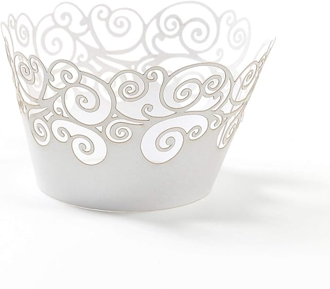 Cupcake Wrappers, KPOSIYA 100 Pack Cupcake Wraps Filigree Artistic Bake Cake Paper Cup Little Vine Laser Cut Liner Baking Cups Muffin Case Trays for Wedding Party Birthday Decoration (100, White)