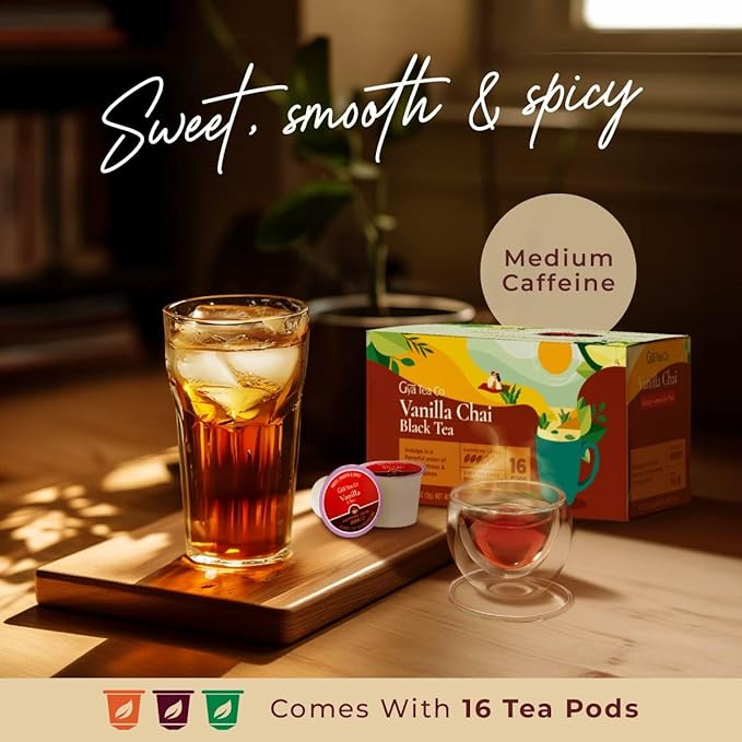 Gya Tea Co Vanilla Chai Black Tea Pod (16 ct) - High Caffeine Chai Latte Tea for Refreshed & Energy