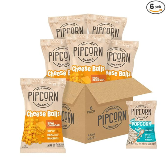 Heirloom Cheddar Cheese Balls by Pipcorn - 4.5oz 6 Pack - Gluten Free, Non-GMO Heirloom Corn, Organic Cheese, Non-Artificial, Preservative Free Snack