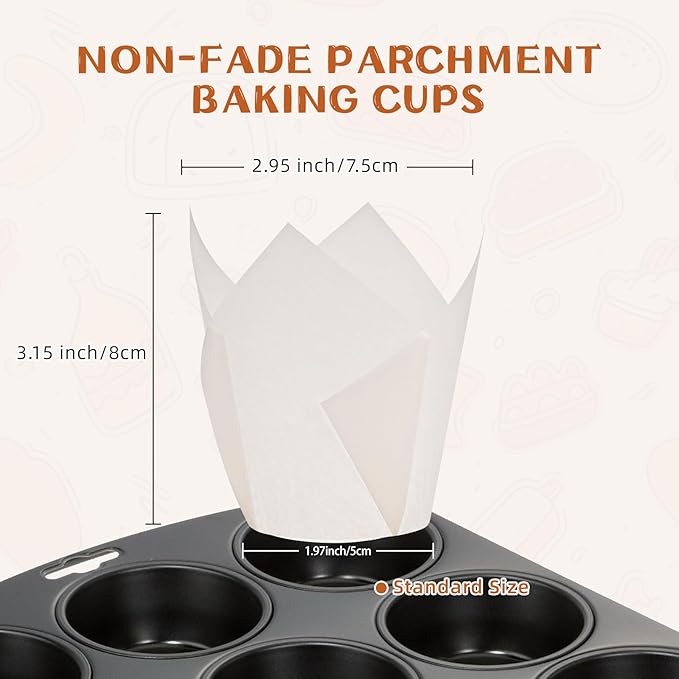 200pcs White Tulip Cupcake Liners for Baking Cups, Premium Parchment paper Tulip Muffin Liners, Greaseproof Cupcake Wrapper for Party, Christmas by JIRNGLA