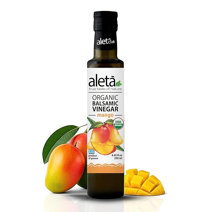 Aleta Farms Balsamic Vinegar, Mango Infused Organic Balsamic Vinegar, Aged, Flavored, USDA Organic, Glass Bottle, Product of Greece, 8.45 oz (Mango)