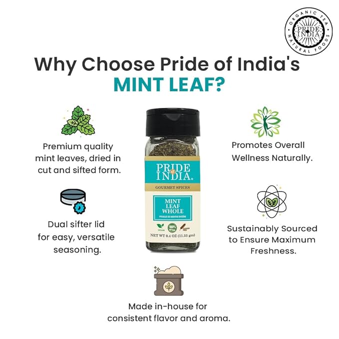 Pride of India ??Mint Leaf Whole ??Cut & Sifted for Convenience of Use ??Good for Culinary Uses ??Ideal for Tea/Beverages ??Easy to Use ??1 oz. Small Dual Sifter Bottle