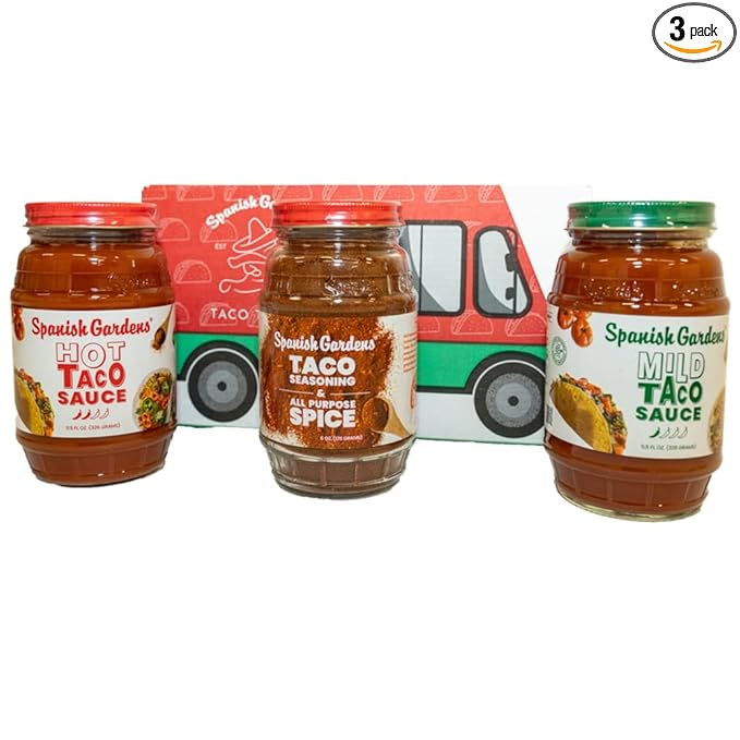 Spanish Gardens Taco Truck Trio ??Mild Taco Sauce, Hot Taco Sauce, & Taco Seasoning for Authentic Mexican Food ??Original Family Recipe for Tex Mex Food