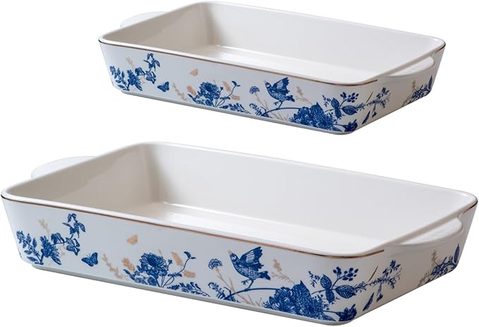 Baking Pans Set of 2 Blue flower 14 inch Ceramic for Oven Large Casserole Baking Dish Set with Handles Porcelain Bakeware Sets Casserole Dish for Oven/Cooking/Kitchen/Cake Dinner