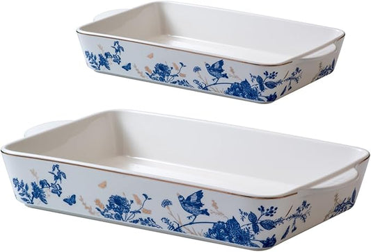 Baking Pans Set of 2 Blue flower 14 inch Ceramic for Oven Large Casserole Baking Dish Set with Handles Porcelain Bakeware Sets Casserole Dish for Oven/Cooking/Kitchen/Cake Dinner