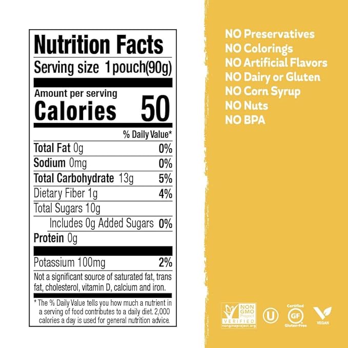 Buddy Fruits Snacks To Go Banana Unsweetened Applesauce 3.2oz Pouch (18pk) Gluten-Nut-Dairy-Preservatives-BPA Free, Non GMO, Kosher