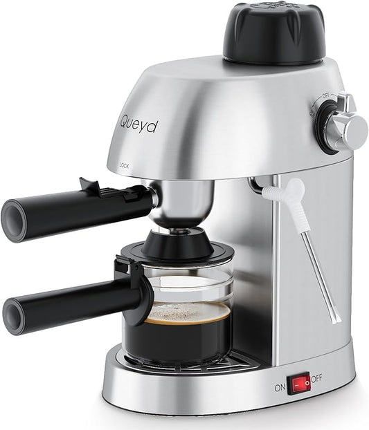 Queyd 3.5 Bar Espresso Machine,4-Cup Stainless Steel Coffee Maker with Steam Milk Frother, Compact Design Coffee Machine with Removable Drip Tray for Latte and Cappuccino, Silver