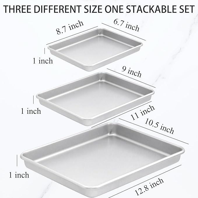 3-Piece Nonstick Baking Pans Set of 3 - Nonstick Rectangle Sheet Cake Pans, 13/11/9 Inch Metal Oven Tray for Cooking Jellyroll, Stackable Bakeware Set