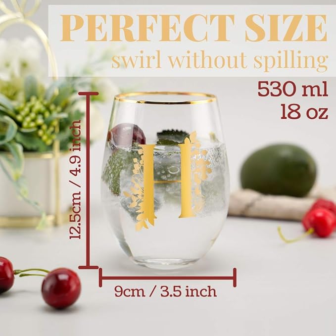 Onebttl Unique Stemless Wine Glasses, Initial Wine Cup for Red or White Wine - 18oz, Monogrammed, Gold - for Women, Girls, Female, Her, Friends, Coworkers, Clients - for Birthday, Christmas