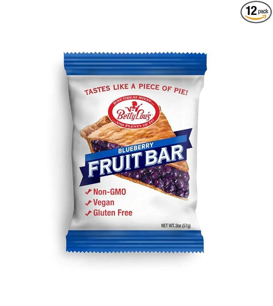Betty Lou's Fruit Bars, Blueberry Pack of 12, Gluten Free, Vegan, Non GMO, Deliciously Healthy Snacks Made with All Natural Fruit Juice, Individually Wrapped, 2 oz. Each, 12 Bars