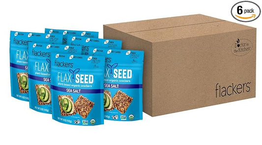 Flackers Organic Sea Salt Flaxseed Crackers, 5 Ounce 6-Pack, Gluten Free, Non GMO, Vegan, Keto Snack, 9g Fiber, 1g Net Carb