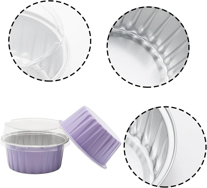 100 Pack 4.2oz Aluminum Cups with Lids Mini Flan Containers with Lids Cupcake Baking Cups, Purple