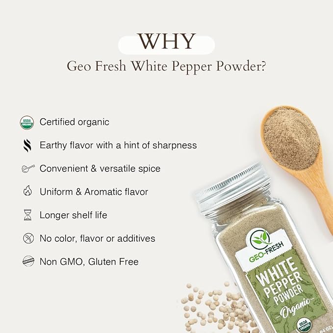 Geo-Fresh Organic White Pepper Ground ??1.94 oz Glass Jar ??White Pepper Powder ??USDA Certified, Non-GMO, Kosher, Gluten-Free ??Premium Organic Spice for Cooking & Seasoning