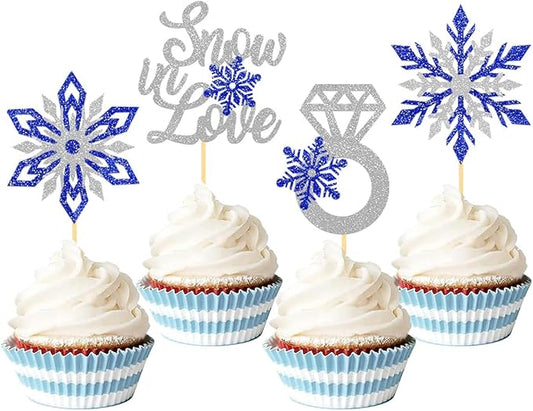 24PCS Snow in Love Cupcake Toppers for Winter Snowflake Decorations, Frozen Snowflake Love Cake Toppe for Bridal Shower Party Decorations (Love B)