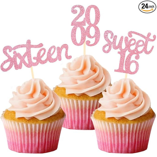 24 Pcs Sweet 16 Pink Glitter Birthday Cupcake Toppers for 16th Birthday Celebrating Party Decorations (Pink)