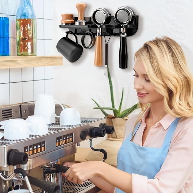 Coffee Portafilter Wall Mount Rack, Space Saving Floating Wall Shelves Coffee Station Organizer, Espresso Tools Portafilter Holder for Bar, Home, Office (54mm)