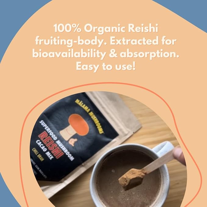 Malama Organic Mushroom Hot Cacao Mix, Reishi Mushroom Powder with Fair Trade Cacao for Immune Support & Relaxation ??Vegan Supplement & Superfood, Non GMO, 3.5 oz (50 Servings)
