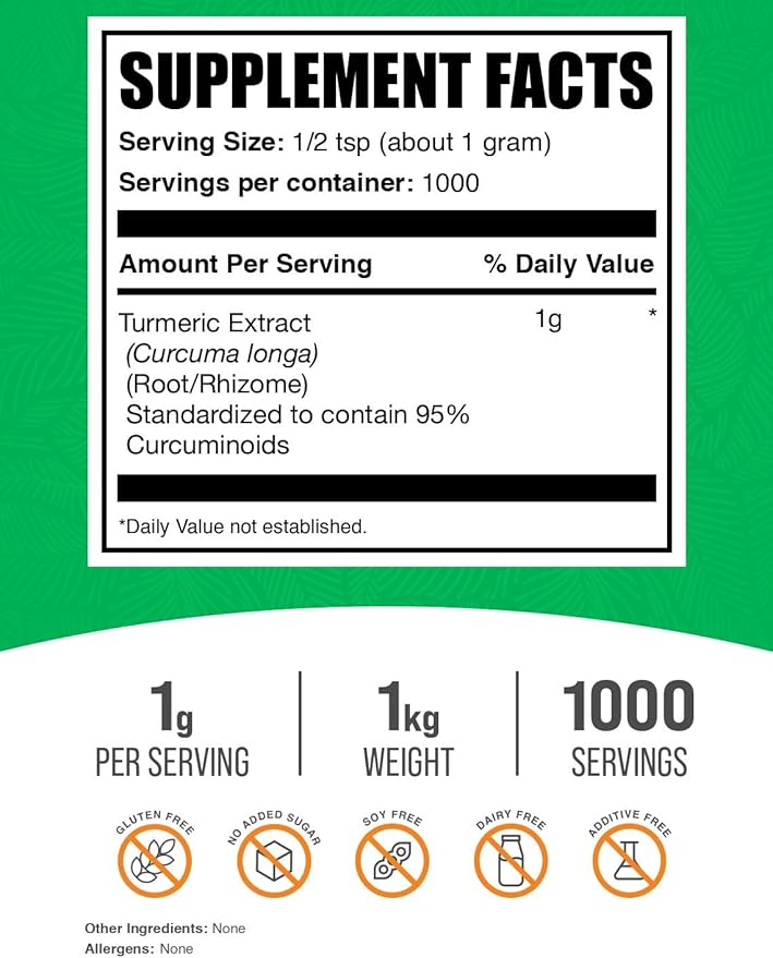 BulkSupplements.com Turmeric Extract Powder - from Turmeric Root, Curcumin Supplements, Turmeric Curcumin Powder - Gluten Free, 1g per Serving, 1kg (2.2 lbs) (Pack of 1)