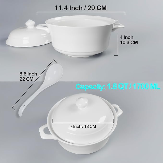 Casserole dish with Lid and soup spoon, Ceramic Serving Soup Tureen, 1.8 QT White French Serving Tureen, Lovely Soup Pot for Pasta Noodles Stew, Casserole Cookware Microwave Dishwasher Safe