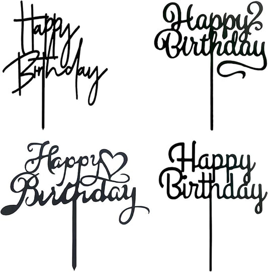 ZHENGYE Black Happy Birthday Cake Topper Set Acrylic Cake Toppers Birthday Cupcake Toppers Decoration For Women Men Baby Shower Birthday Party Decoration(4 Pieces)