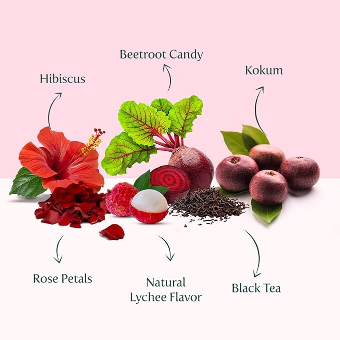 Lychee Rose Iced Tea Bags - 26 Pitcher Tea Bags | Zero Added Sugar | Makes 52 Quarts | Blended with Pure Lychee & Rose | Best for Mocktails & Cocktails | Plant-Based Biodegradable Tea Bags | VAHDAM