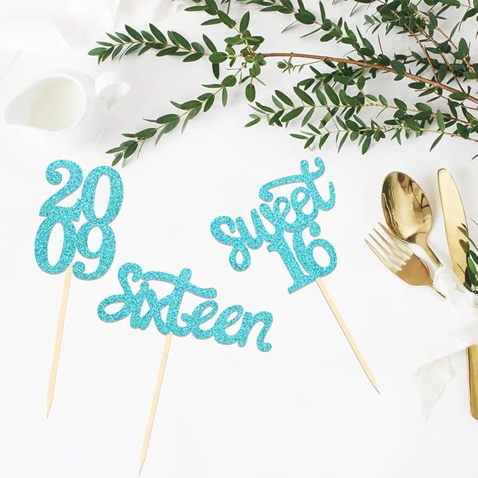 24 Pcs Sweet 16 Blue Glitter Birthday Cupcake Toppers for 16th Birthday Celebrating Party Decorations (Blue)