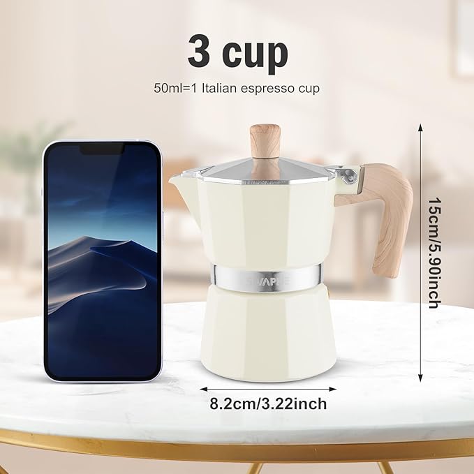 Sivaphe Aluminum Moka Pot 3 Espresso Cups, Percolator Espresso and Coffee Maker, Portable Stovetop Italian and Cuban Cafì±?Brewer for Home and Camping White
