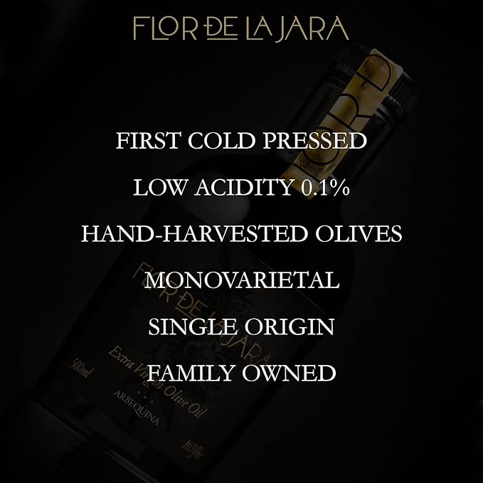 FLOR DE LA JARA Premium Extra Virgin Olive Oil from Spain, First Cold Pressed, Monovarietal Arbequina, Hand-Harvested Olives, Family-Owned Grove, Low Acidity (0.1%), 16.9 fl oz (500ml)