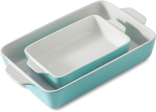 Ceramic Baking Casserole Dish with Handles, Large 9x13 inch Pan and Middle Baking Pan - Porcelain Serving Bakeware Set (Light Blue)