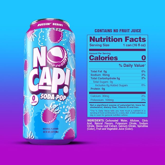 No Cap! Healthy Soda Pop Drinks, Zero Sugar, Zero Calorie, Natural Flavors, Caffeine Free, 16 Oz Cans, (12 Pack) Bussin' Berry