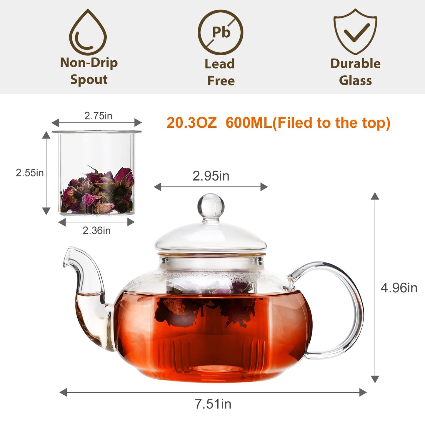 CNGLASS Glass Teapot Stovetop Safe,Clear Teapot with Removable Infuser 20.3 oz,Loose Leaf and
