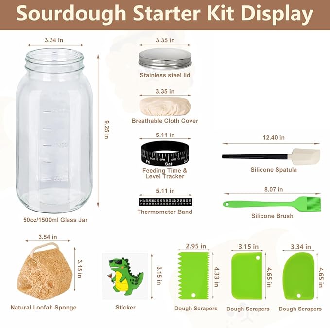 Alltrip Sourdough Starter Kit, 64oz Large Capacity Sourdough Starter Jar with 3 Dough Scraper, Silicone Scraper Silicone Brush & Cute Stickers, Sourdough Bread Baking Supplies, Gifts for Bakers