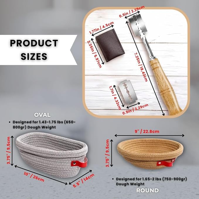 Bread Proofing Basket Set- Round 9 inch & Oval 10 inch Bannetons with Cotton Liners,Bread Lame +5 Blades Ideal for Artisan Sourdough Baking