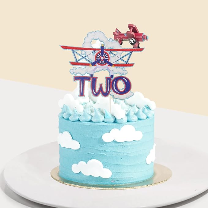 Two Airplane Cake Topper, Aircraft 2nd Birthday Party Supplies for Kids Plane Theme Baby Shower, Airplane Aviator Adventure Themed Party Decor