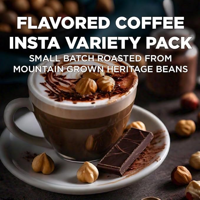 Maud's Flavored Instant Coffee Variety Pack, 24 ct, Caramel, Hazelnut, Raspberry, Vanilla, 100% Arabica Coffee, Medium Roast, Instant Hot or Iced Coffee - Just add water