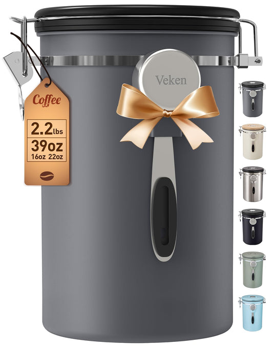 Veken Coffee Canister,39OZ, 2.2lbs,Large Airtight Stainless Steel Container