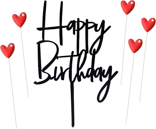 ZHENGYE Set of 1 Acrylic Black Happy Birthday Cake Topper Sign And 5 Red Love Cake Toppers For Birthday Cake Decorations(Black 21)