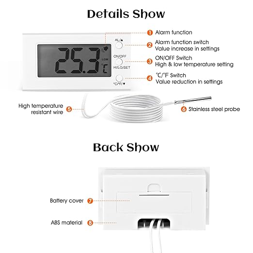 2 Packs Digital Oven Thermometer -58°F to 572°F/-50°C-300°C, Thermometer with Probe, High Low Temperature Alarm, LCD, White (2)