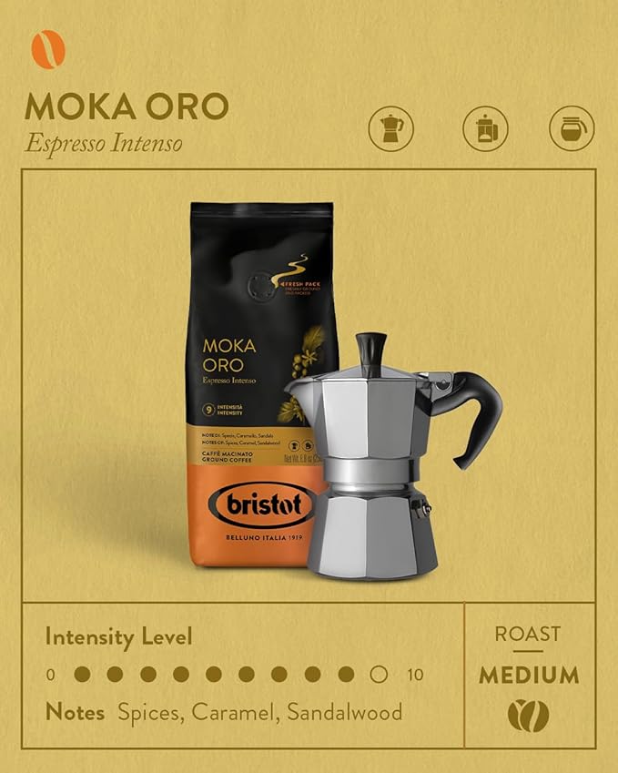 Bristot Moka Oro Ground Coffee | Italian Ground Espresso | Medium Roast | For Moka, French Press, Pour Over | 8.8oz/250g